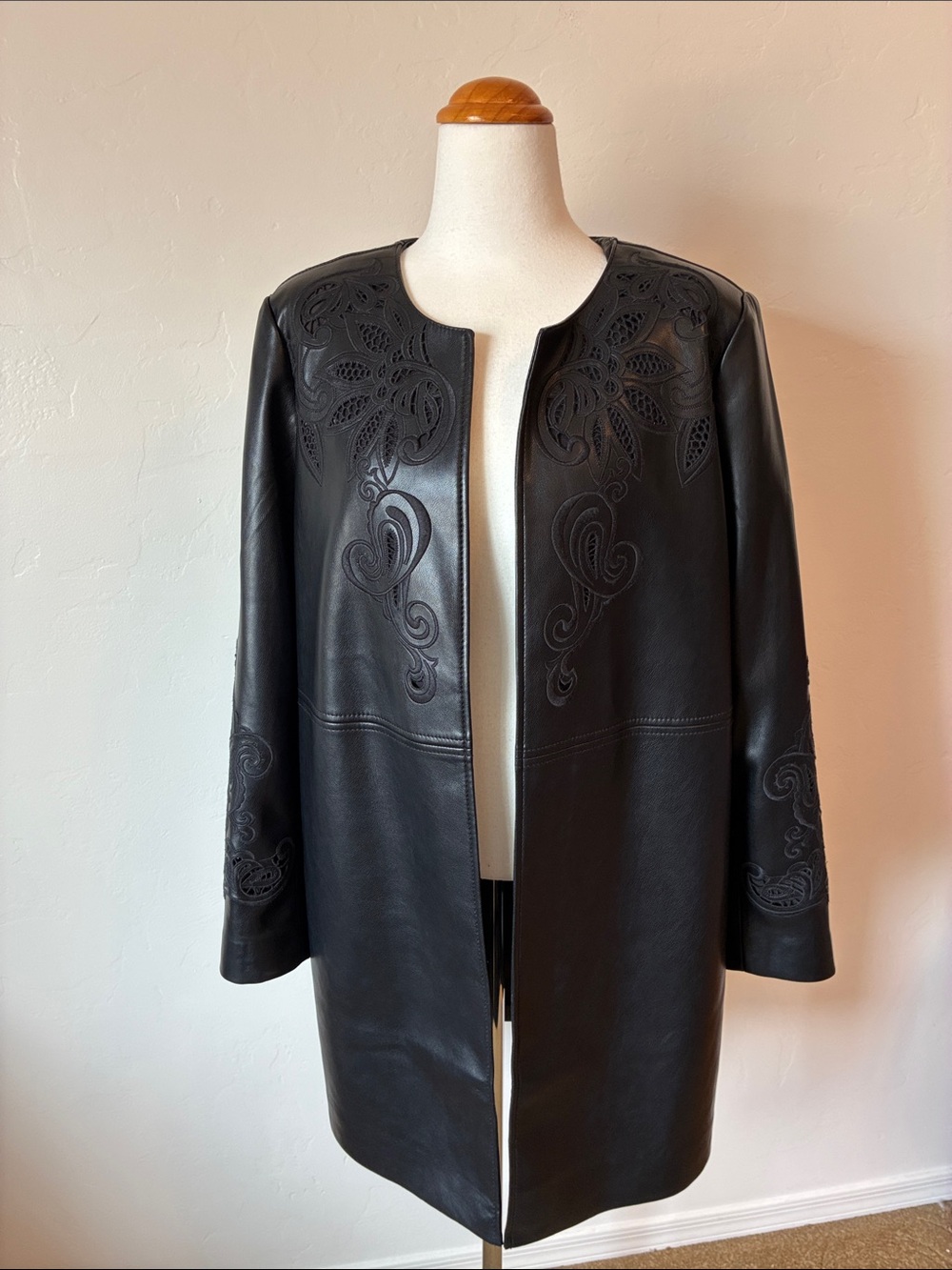 Chico's Embroidered Laser Cut Faux Leather Open Front Jacket - Size 1 / US 8